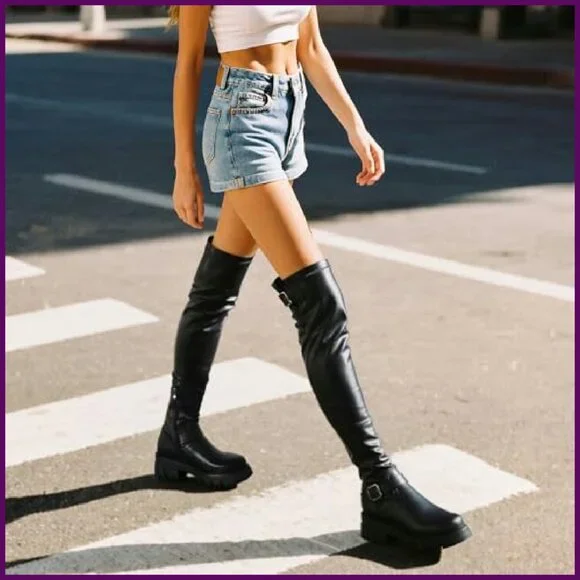 Women's Over The Knee Boots Platform Buckle Lug Sole Stretch Zipper